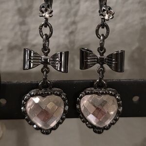 Gunmetal Pink Faceted Heart & Bow Earrings with Mirror Back